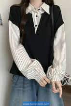 Long Sleeve Two Piece Style Striped Turn Down Collar Sweatshirt