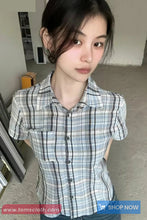 Short Sleeve Plaid Pattern Pocket Slim Blouse Shirt