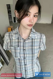 Short Sleeve Plaid Pattern Pocket Slim Blouse Shirt