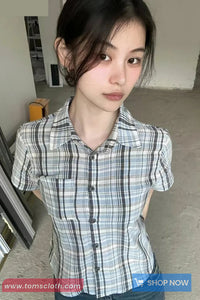Short Sleeve Plaid Pattern Pocket Slim Blouse Shirt