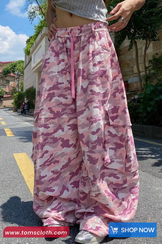 Loose Wide Leg Elastic Waist Pink Camouflage Pants