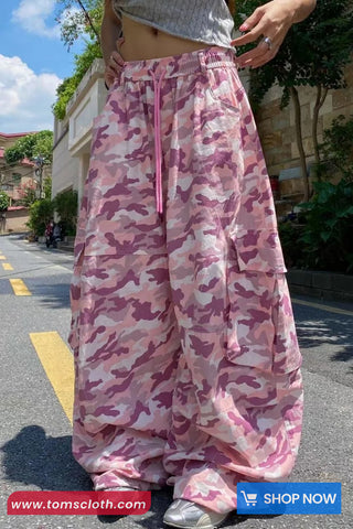 Loose Wide Leg Elastic Waist Pink Camouflage Pants