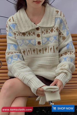 Long Sleeve Vintage Turn Down Collar Knitted Sweater