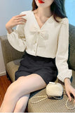 Long Sleeve V-Neck Bow Design Blouse Shirt