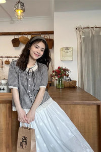 Short Sleeve Lace Tie Collar Plaid Blouse Shirt