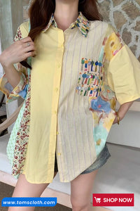 Short Sleeve Two Pattern Combination Blouse Shirts