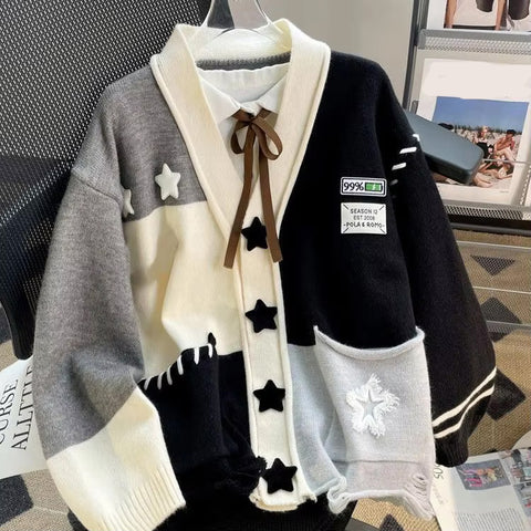 Long Sleeve Stars Pattern Two Colors Combination Cardigan Sweater