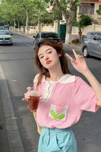 Short Sleeve Lapel Collar 3D Flower Pocket Knitted Shirt