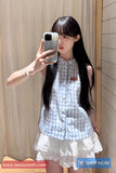 Sleeveless Blue Plaid Stand Collar Shirt