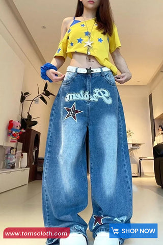Star Plaid Letter Embroidered Women Jeans Pants