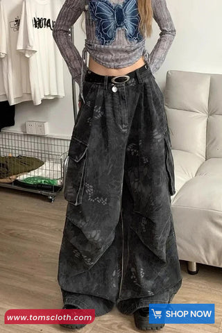 Loose Wide Leg Camouflage Dark Grey Cargo Pants