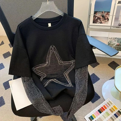 Long Sleeve Star Patchwork Fake Two Style Shirt