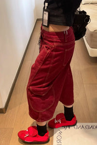 High Waist Loose Burgundy Colors Denim Shorts