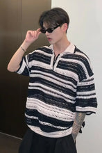 Turn Down Collar Striped Hollow Out Knitted Shirt