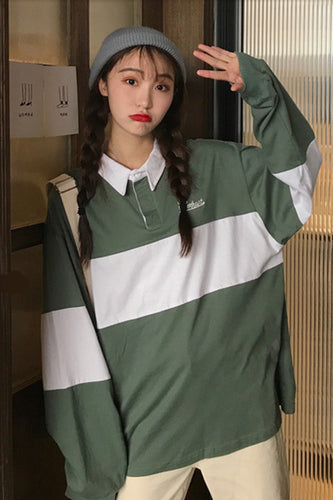 Long Sleeve Collar Big Striped Sweatshirt