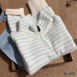 Long Sleeve Blue Striped O-Neck Zipper Cardigan Sweater