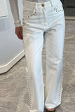 High Waist Side Beading Pearls Jeans Pants