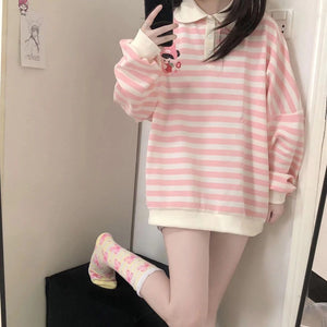 Cute Cartoon Printed Pink Striped Sweatshirt