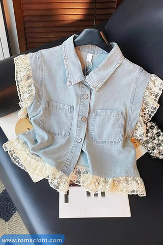 Loose Double Pockets Lace Patchwork Vest Tops