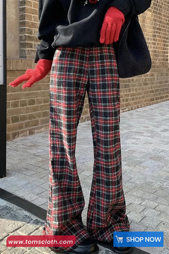 High Waist Vintage Plaid Pattern Flare Pants