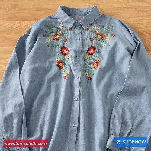 Long Sleeve Vintage Floral Embroidered Denim Blouse Shirt