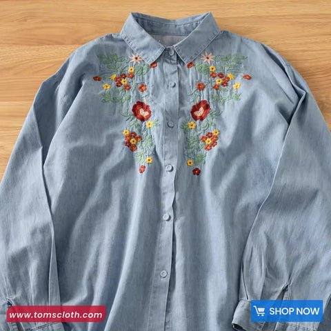 Long Sleeve Vintage Floral Embroidered Denim Blouse Shirt