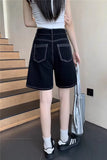 High Waist Bright Line Decoration Black Denim Shorts