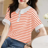 Short Sleeve Doll Collar Striped Casual Shirt