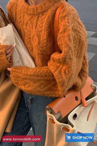 Long Sleeve Vintage Knitted Cropped O-Neck Sweater