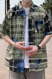 Short Sleeve Retro Ripped Plaid Men Blouse Denim Shirt