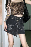 Belted Stars Pattern Embroidered Black Denim Skirts