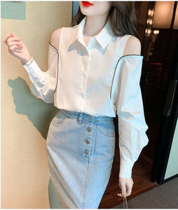 Long Sleeve Elegant Cut Shoulder Office Blouse Shirt