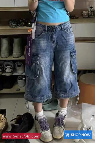 High Waist Knee Length Cargo Denim Shorts