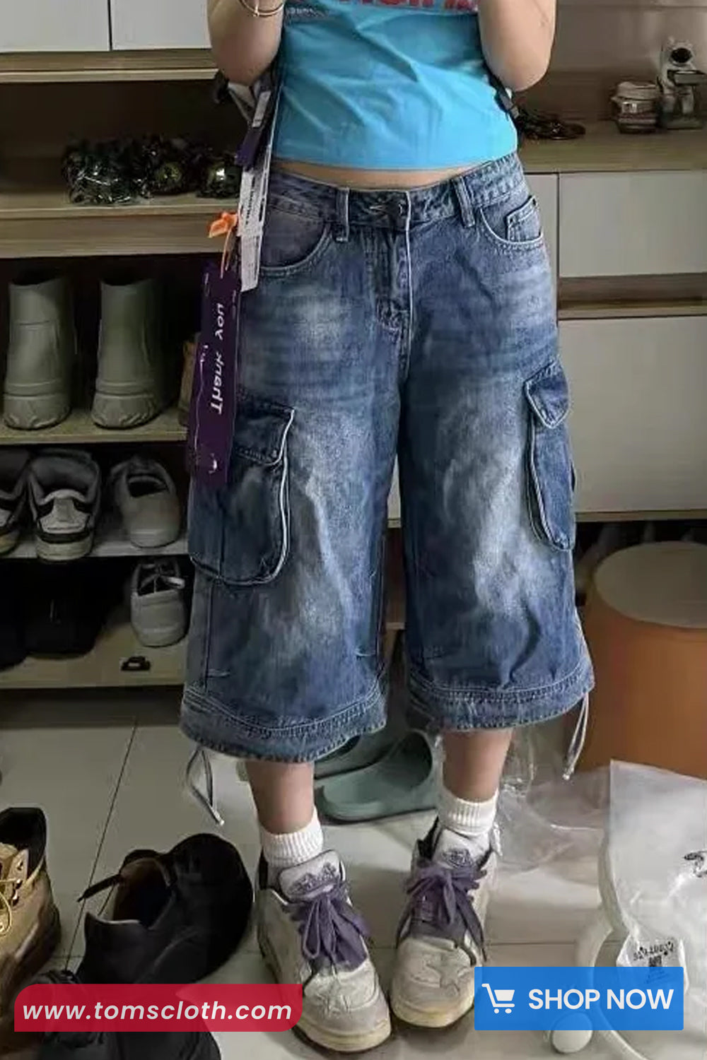 High Waist Knee Length Cargo Denim Shorts