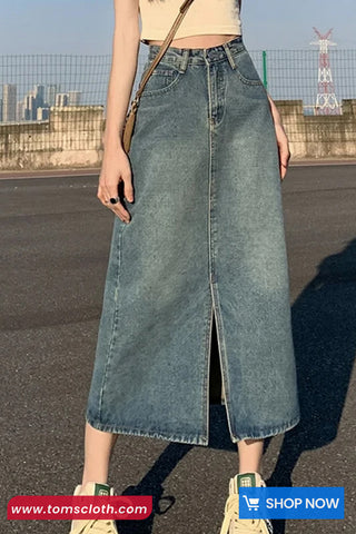 High Waist Cut Slit A-Line Denim Skirts