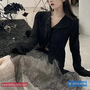 Long Sleeve Lapel Collar Retro Blouse Black Shirt