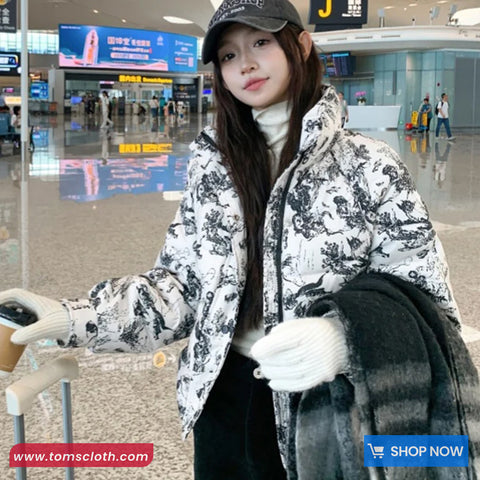 Loose Stand Collar Ink Painting Printed Parkas Coat Jacket