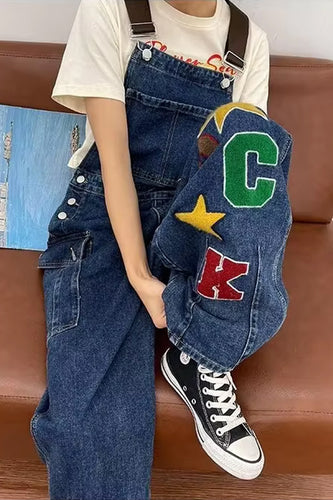 Rock Letter Embroidered Wide Leg Denim Jumpsuits