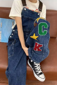 Rock Letter Embroidered Wide Leg Denim Jumpsuits