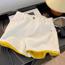 Casual White Contrasting Yellow Denim Shorts
