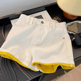 Casual White Contrasting Yellow Denim Shorts