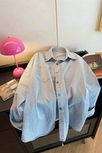 Long Sleeve Colorful Buttons Striped Denim Blouse Shirt