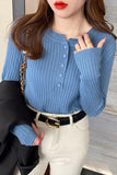 Long Sleeve O-Neck Button Knitted Slim Sweater