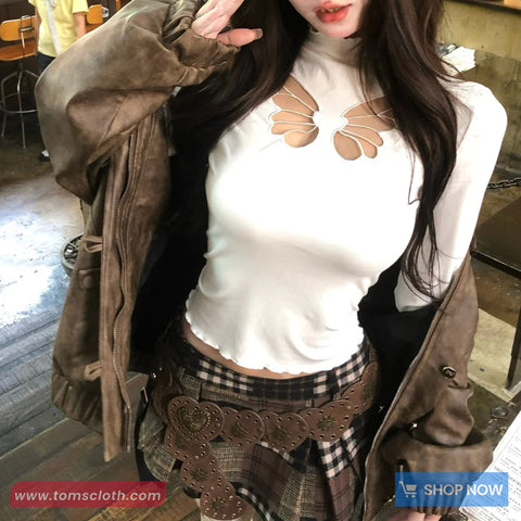 Long Sleeve Cut Butterfly Pattern Hollow Out Shirt