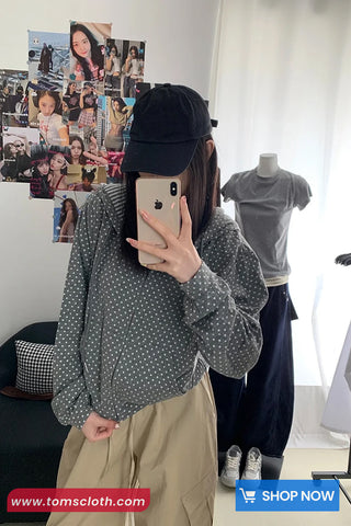 Long Sleeve Dots Pattern Zipper Hooded Jacket