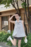 Elegant Sleeveless Lace Up Striped Blouse Shirts