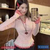 Long Sleeve Plaid Pattern Lace Trim Pink Shirt