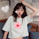 Loose Cropped Daisy Cartoon O-Neck Shirt