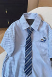 Loose Retro Blue Striped Blouse With Tie