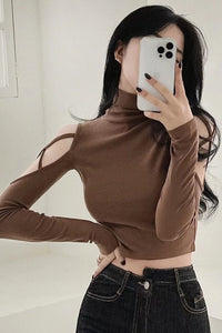 Long Sleeve Hollow Out Turtleneck Open Shirt